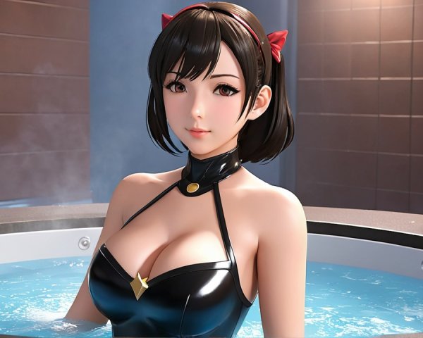 Young woman in hot tub with modern serene setting