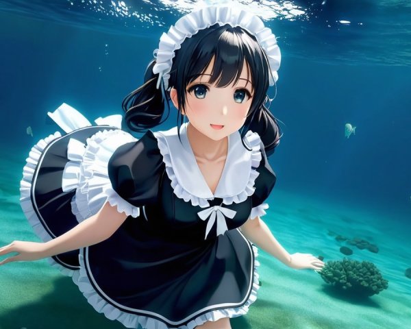 Anime Character in Maid Outfit Swimming Underwater