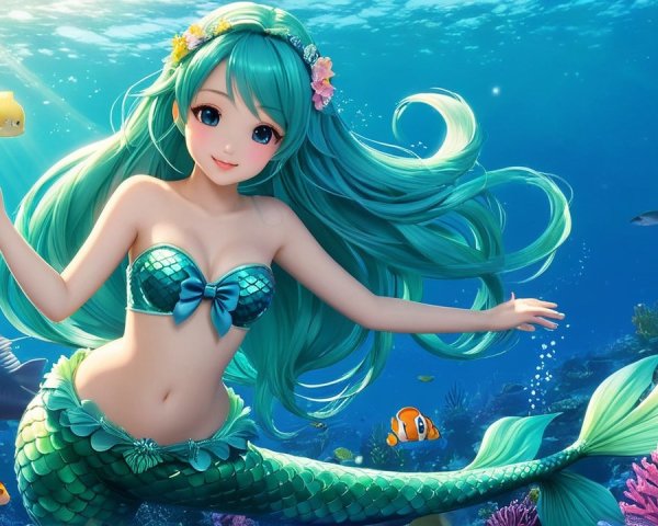 Vibrant Underwater Scene with a Cheerful Mermaid