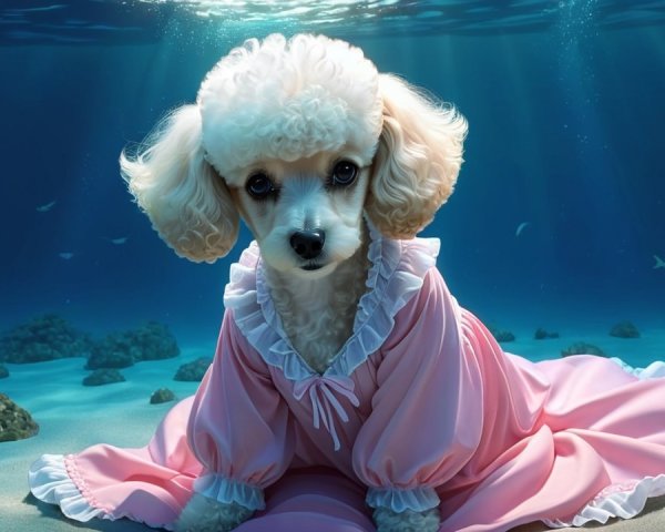 Fluffy Poodle in Pink Dress Underwater Scene