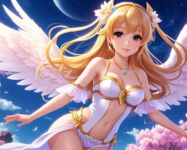 Winged figure in cherry blossoms under two moons