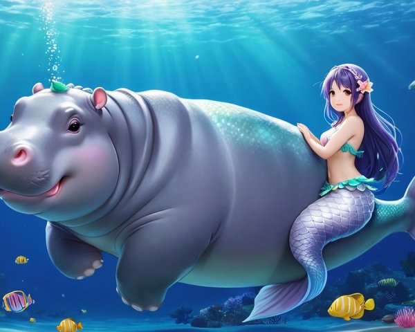 Whimsical Underwater Scene with Mermaid and Hippo