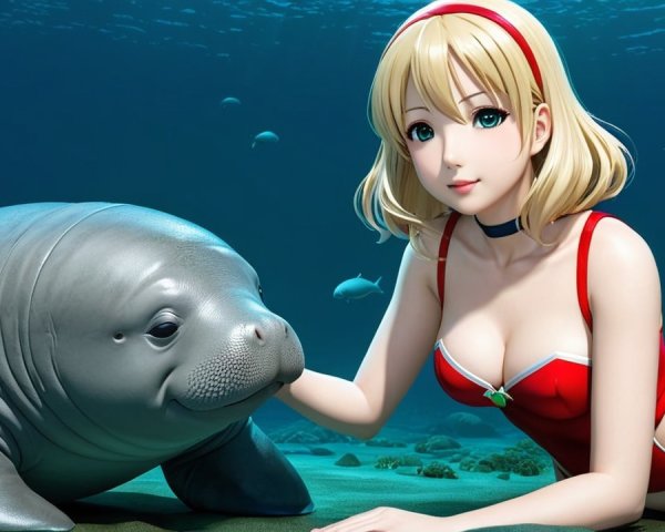 Blonde Character in Red Swimsuit with Manatee Underwater