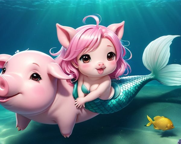 Whimsical Underwater Scene with Child and Pink Pig