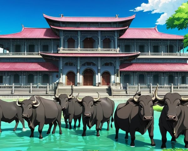 Traditional Asian Mansion with Water Buffaloes and Hills
