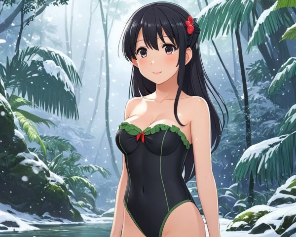 Young Woman in Jungle with Snow and Stylish Swimsuit