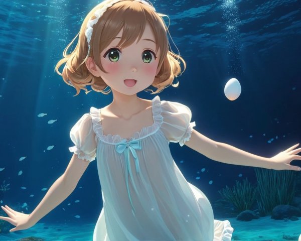 Young girl swimming gracefully in a serene underwater scene