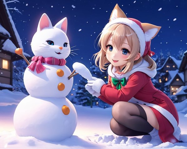 Cheerful girl with cat ears builds a cat snowman