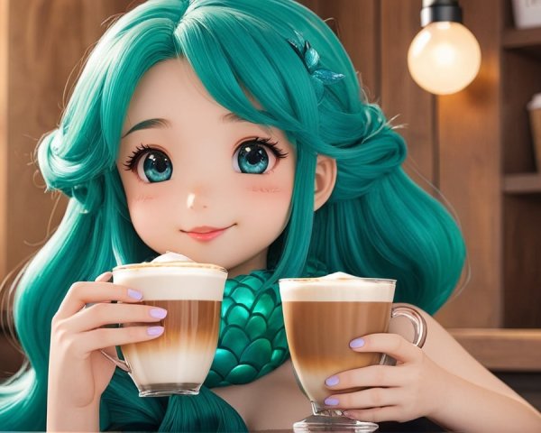 Cheerful character in cozy café with vibrant teal hair