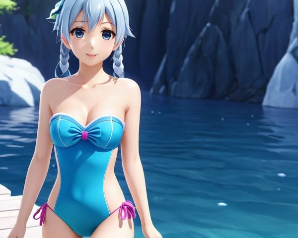 Young Woman in Blue Swimsuit by Serene Water Scene