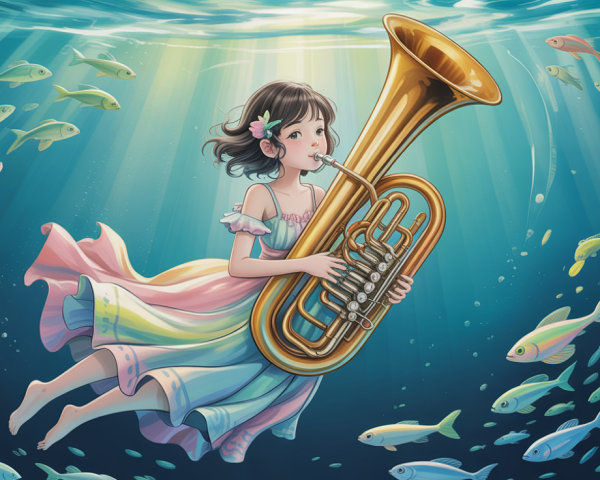 Anime-style illustration of a girl playing tuba underwater