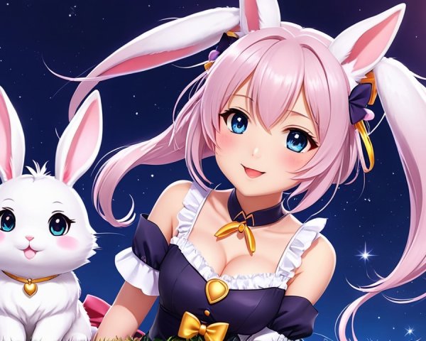 Cheerful anime character in moonlit meadow with bunny