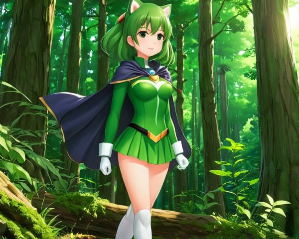 Cheerful Green-Haired Character in Lush Forest Setting