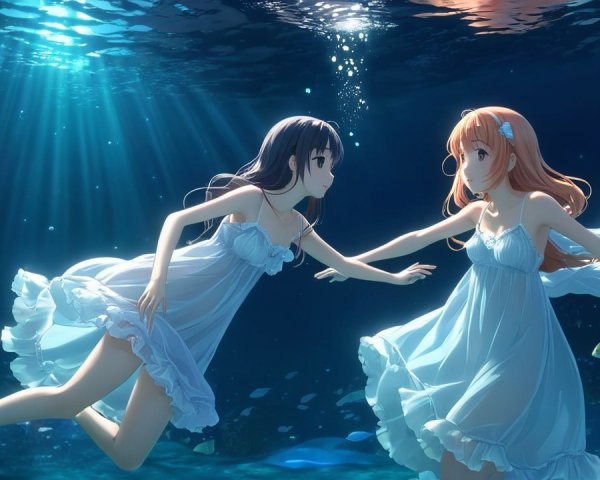 Girls in White Dresses Swimming in Enchanting Waters