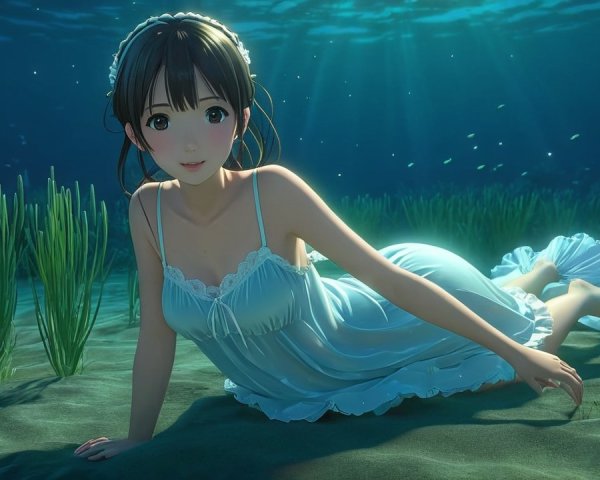 Underwater Scene with Woman in Light Blue Dress