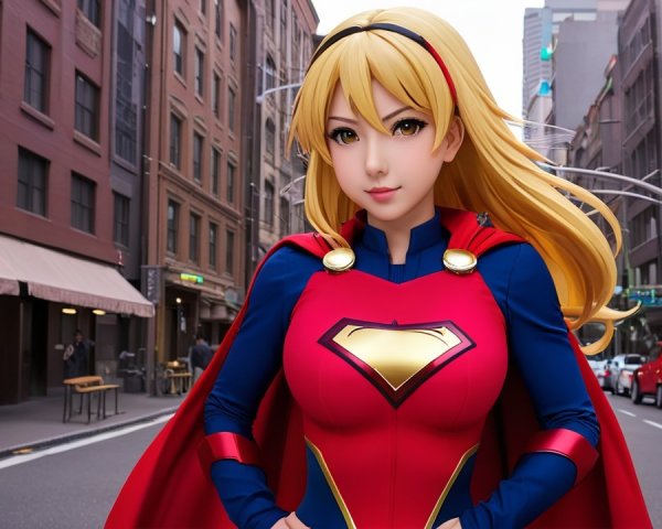 Female superhero in red and blue costume in urban setting