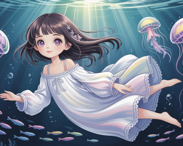 Anime-style illustration of a girl swimming underwater
