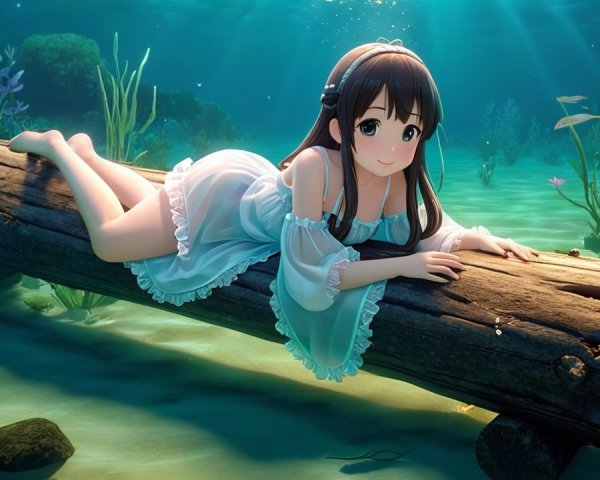 Cute animated character on submerged log underwater