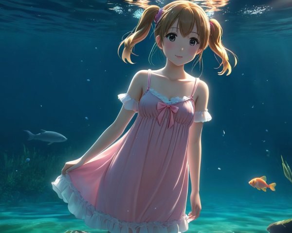 Young girl in pink dress underwater with fish