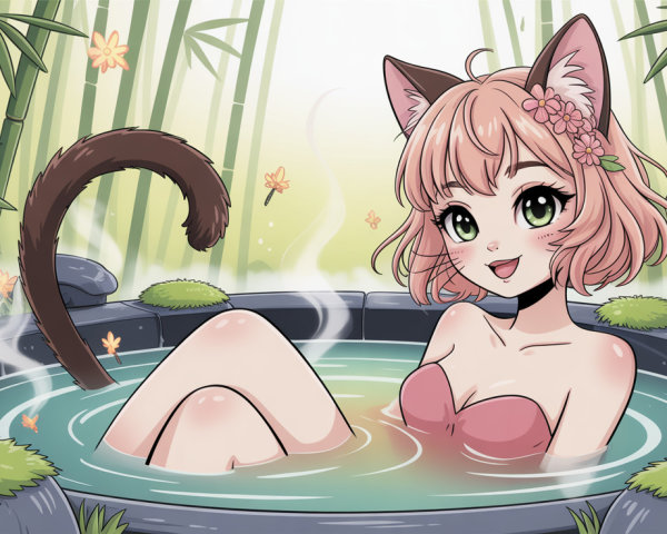 Pastel Anime Illustration of Cat Girl in Onsen Setting