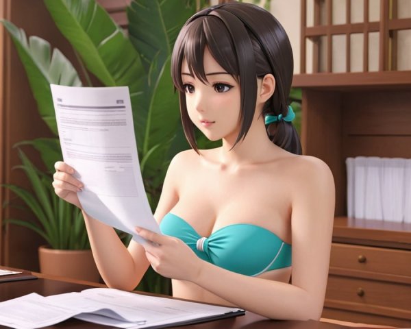 Young Woman Reading Papers in Cozy Room Setting