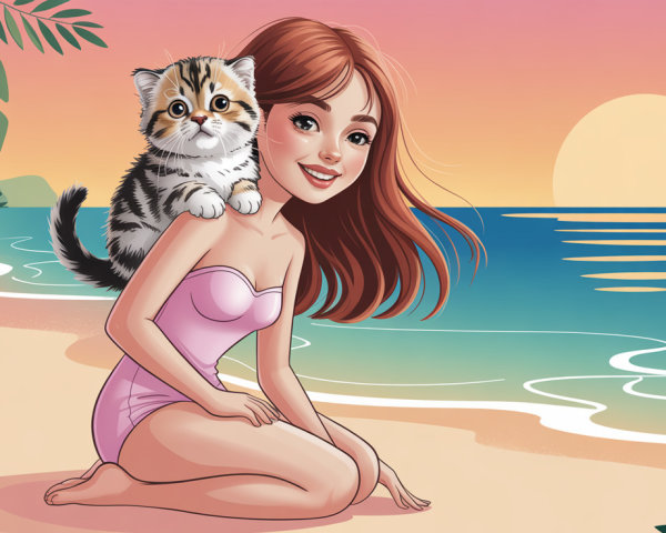 Young Woman with Kitten on Beach at Sunset