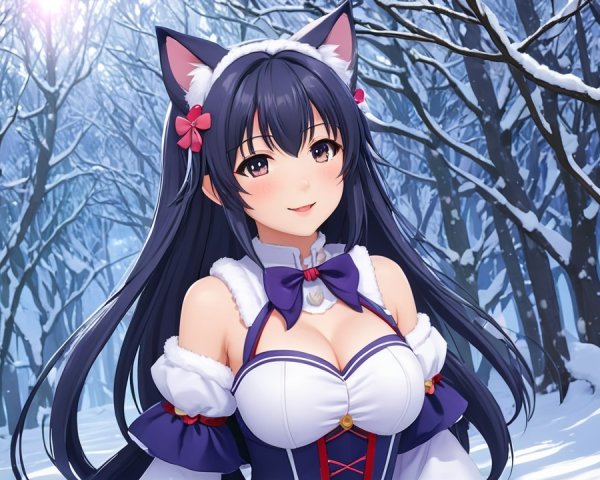 Character in Snowy Forest with Cat Ears and Fur Outfit