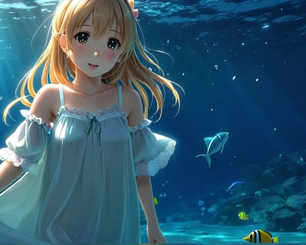 Underwater Scene with a Young Girl and Coral Reefs