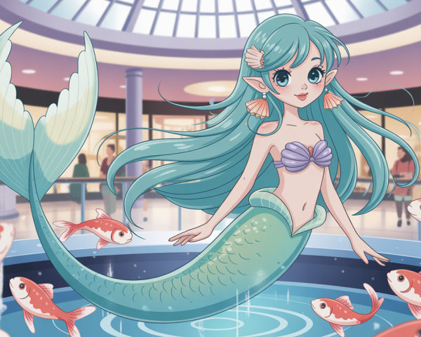 Anime Mermaid in Fountain with Goldfish and Mall Background