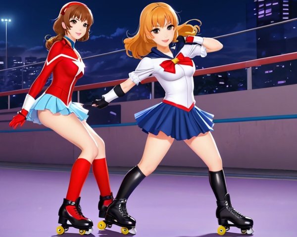 Animated Characters Roller Skating in City Lights