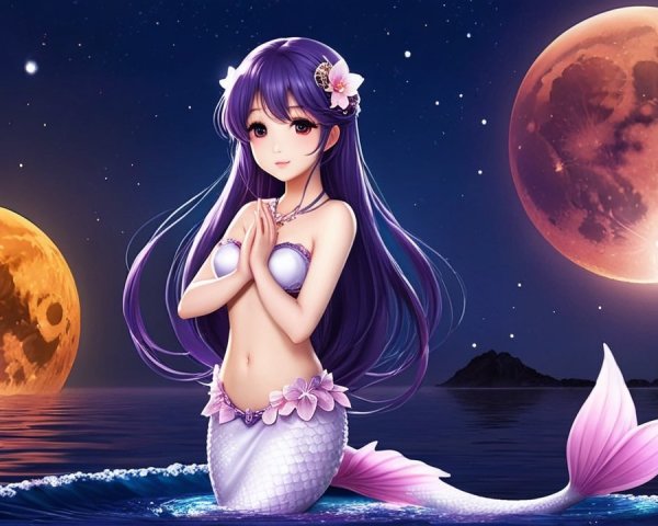 Serene Mermaid on Rock Under Dual Moons