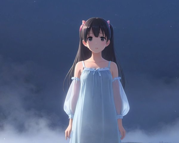 Young girl in misty landscape with twilight sky