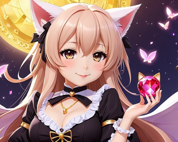 Charming Female Character with Cat-Like Features and Gem