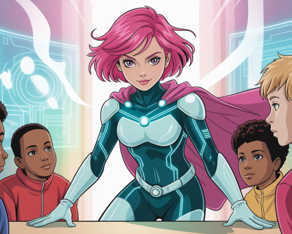 Anime-Style Female Superhero with Young Boys