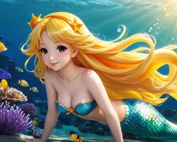 Vibrant Underwater Scene with a Cheerful Mermaid