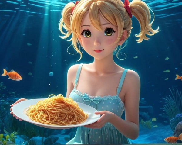 Young girl in blue dress with spaghetti underwater scene