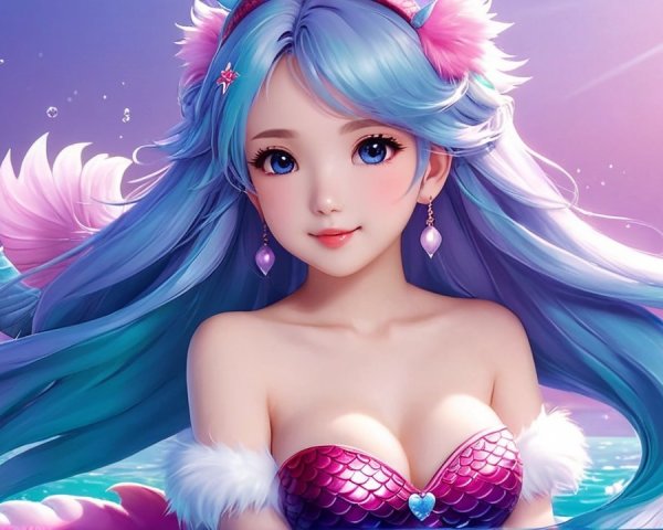 Mermaid with Blue Hair in Enchanting Ocean Scene