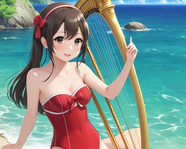 Cheerful girl in red swimsuit with harp on beach