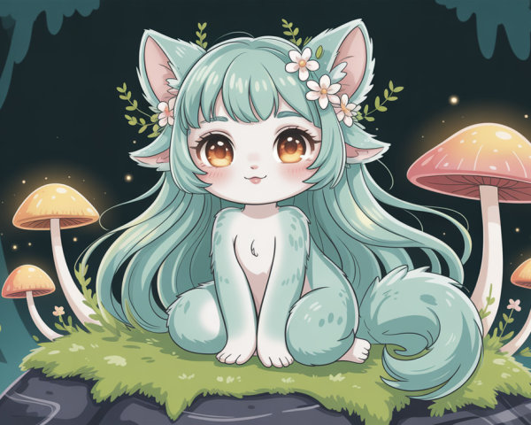 Digital Art of Anime Catgirl in Enchanted Forest