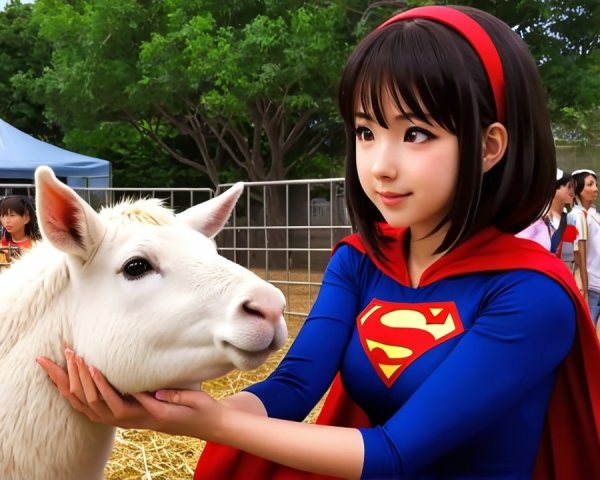 Young Girl in Superhero Costume with Goat on Farm