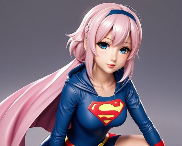 Stylized female superhero character with pink hair and blue eyes