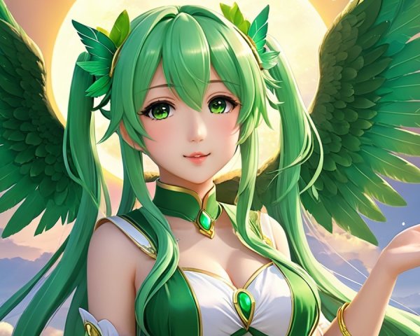 Fantastical character with green hair and feathered wings
