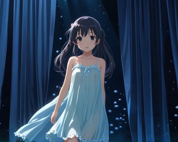 Young girl in blue nightgown amid serene atmosphere