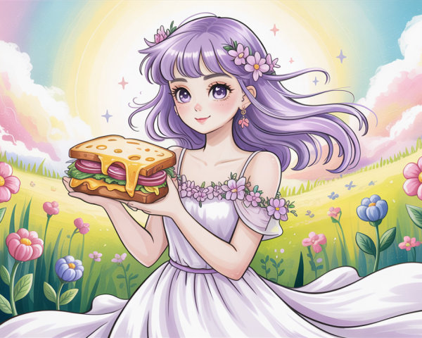 Anime Illustration of Girl with Purple Hair in Field
