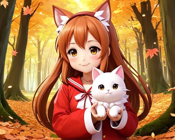 Autumn Forest Scene with Cheerful Anime Girl and Kitten