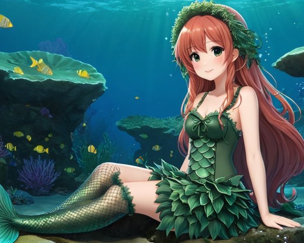 Underwater Scene with Mermaid and Colorful Corals