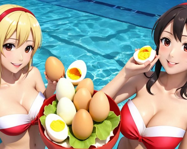Anime Characters by Swimming Pool with Eggs