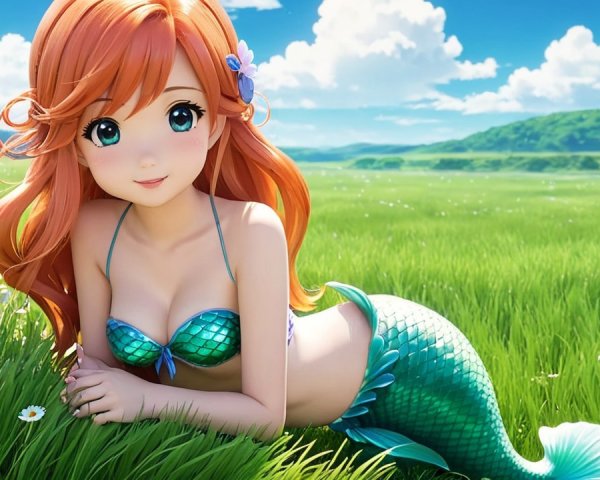 Cheerful mermaid in meadow with vibrant colors