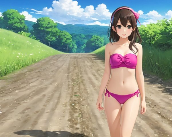 Young woman in pink bikini on a lush dirt path
