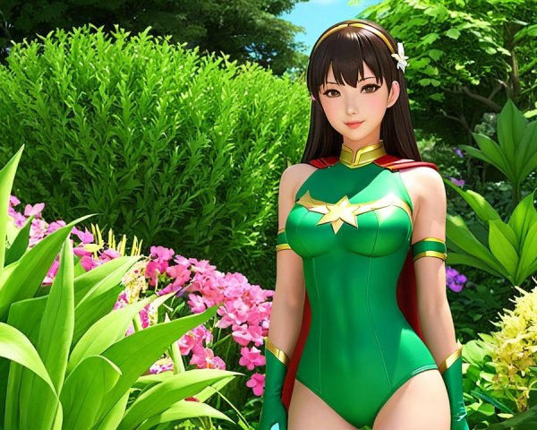 Confident Female Superhero in Lush Garden Setting